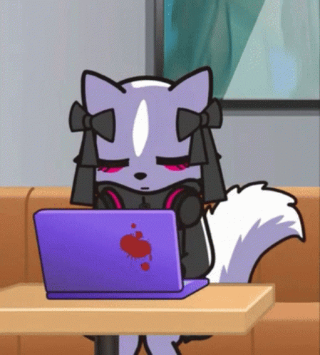 Shikibane sitting at table typing on their purple laptop GIF Aggretsuko
