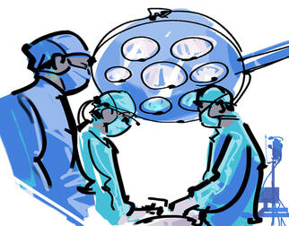 Operating room with 3 medical workers standing near an overhead multiple bulb light. Clip art.